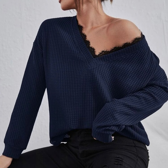 SHEIN Tops - Eyelash Lace Trim Waffle Knit Top